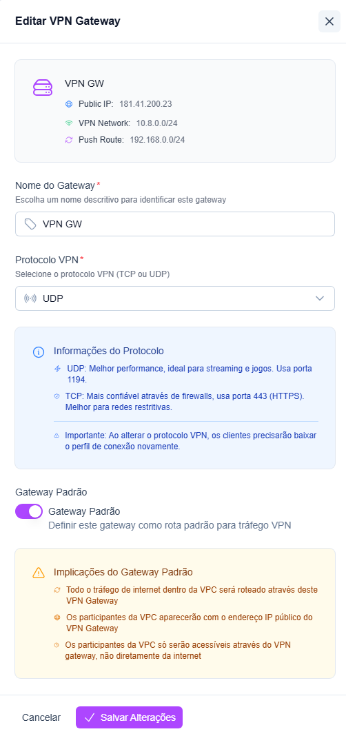 VPN Gateway Edit Screen